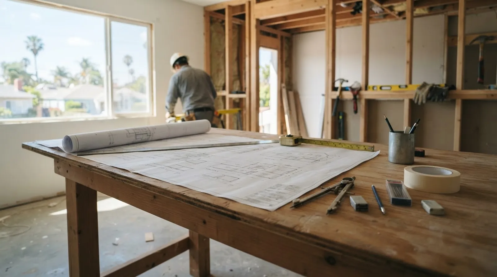 A set of architectural blueprints unrolled on a large wooden desk, illuminated by natural light, next to a silver drafting compass.