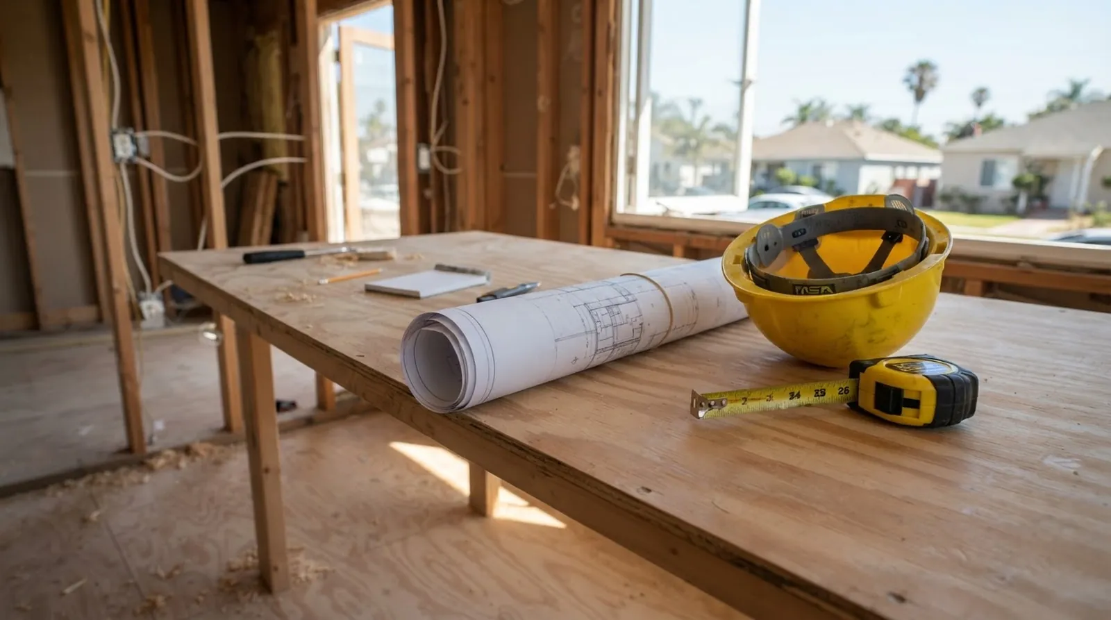 A close-up of rolled architectural blueprints resting on a clean plywood workbench next to a yellow hardhat and a tape measure.