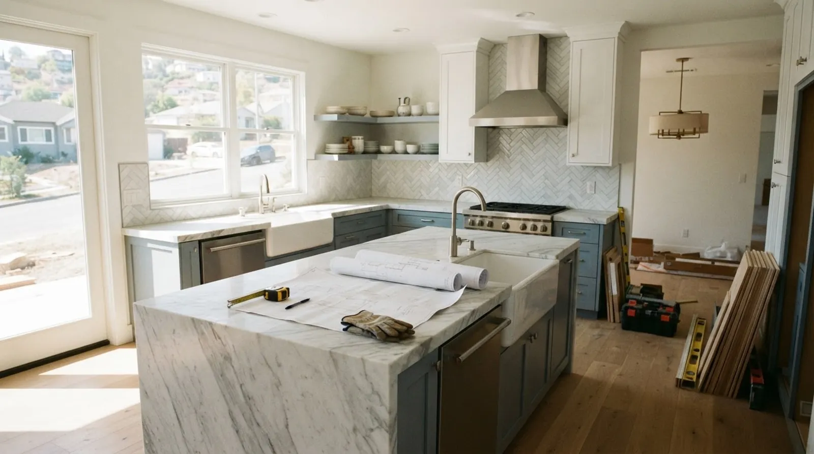 A beautifully remodeled modern kitchen interior with marble countertops and a large island, sunlight streaming in, no people, no text.