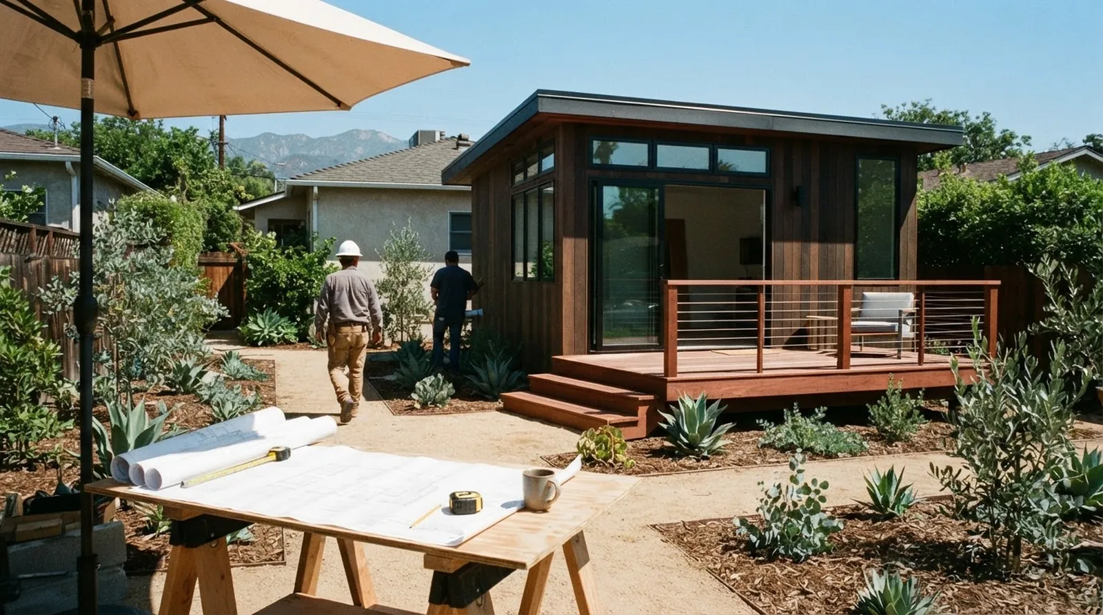 A modern detached accessory dwelling unit in a sunny Los Angeles backyard with a wooden deck and drought-tolerant landscaping.